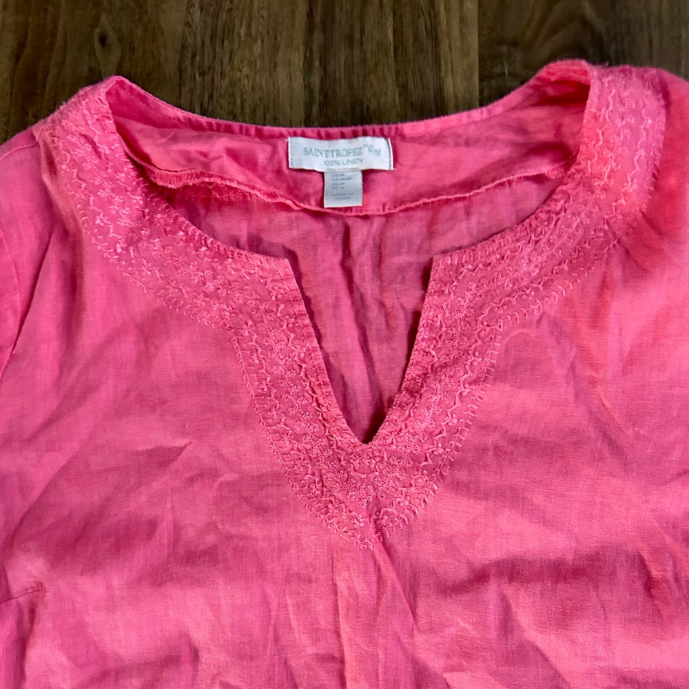 SAINT TROPEZ 100% Linen Embroidered Notch Neck Short Sleeve Top Casual Pink Sz M - Picture 5 of 16